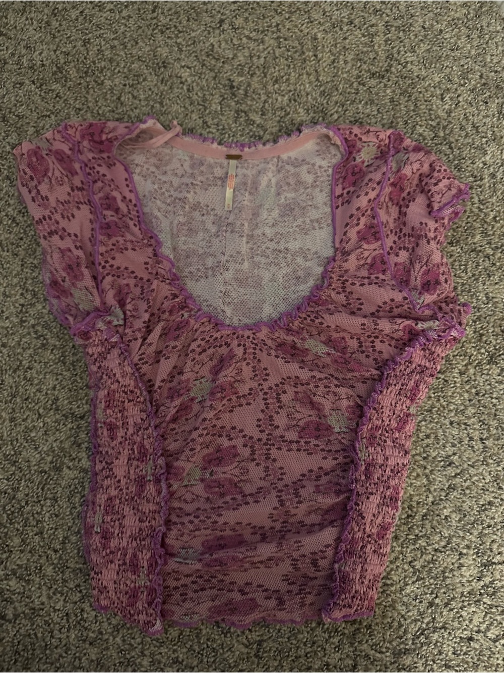 Free People Pink and Purple Floral Sheer Scoop-Neck Top